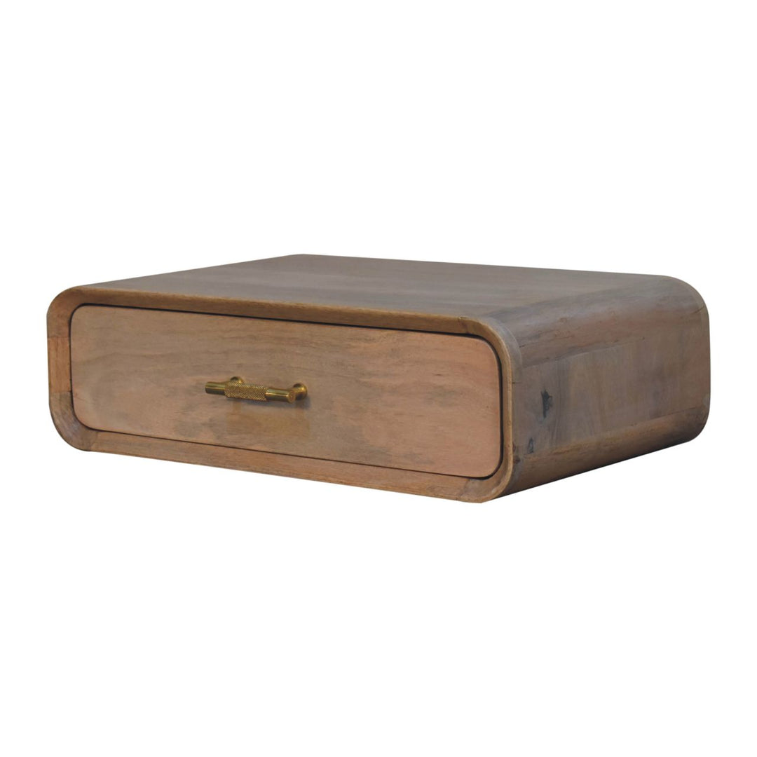 Brown Lacquered Oak-Finish Solid Mango Wood Wall-Mounted Floating Bedside with T-Handle Drawer
