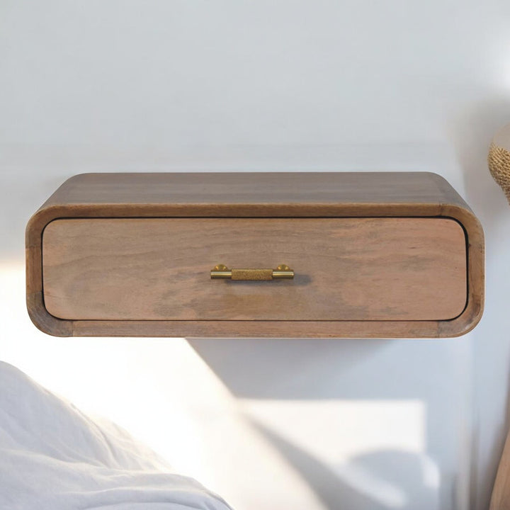 Brown Lacquered Oak-Finish Solid Mango Wood Wall-Mounted Floating Bedside with T-Handle Drawer