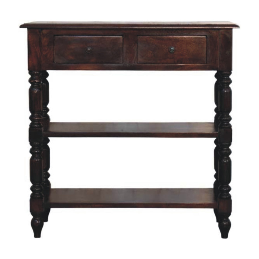 Chocolate Brown Lacquered Cherry Solid Mango Wood Side Table with Turned Legs & 2 Drawers