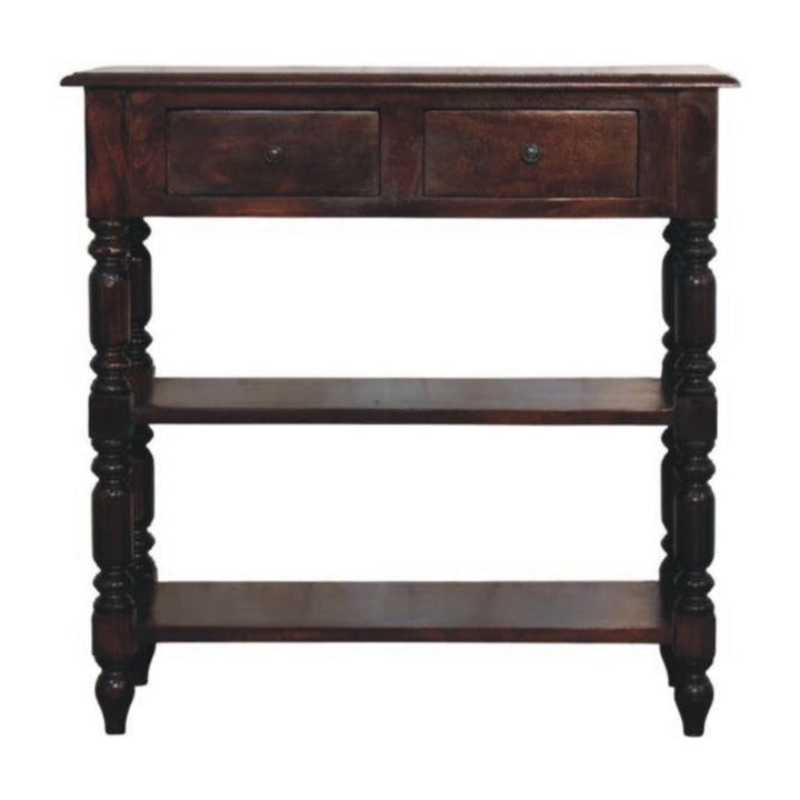 Chocolate Brown Lacquered Cherry Solid Mango Wood Side Table with Turned Legs & 2 Drawers