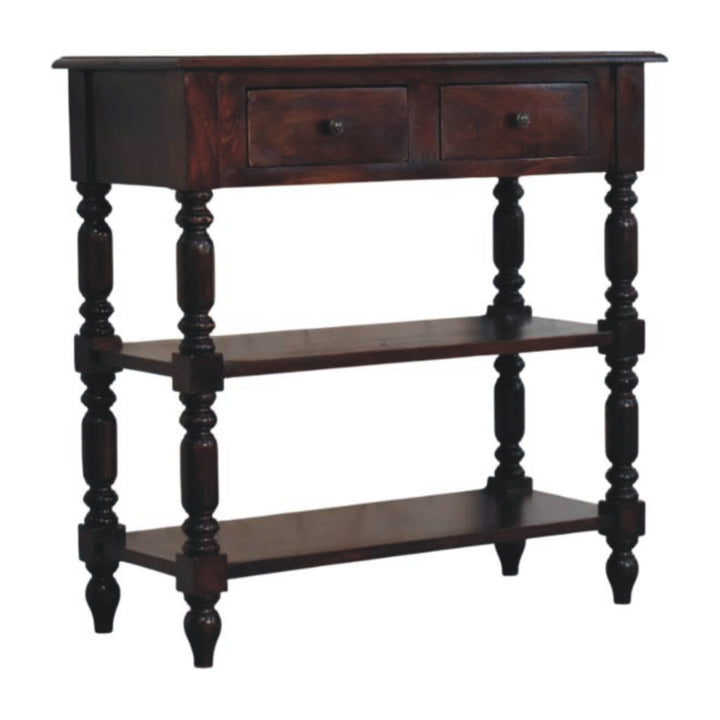 Chocolate Brown Lacquered Cherry Solid Mango Wood Side Table with Turned Legs & 2 Drawers