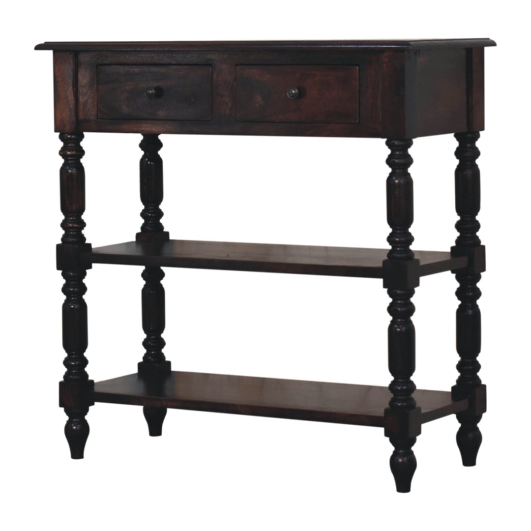 Chocolate Brown Lacquered Cherry Solid Mango Wood Side Table with Turned Legs & 2 Drawers