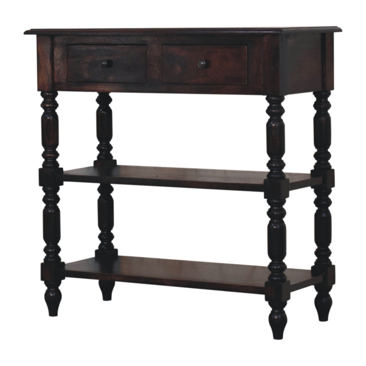 Chocolate Brown Lacquered Cherry Solid Mango Wood Side Table with Turned Legs & 2 Drawers