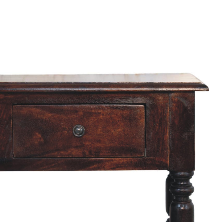 Chocolate Brown Lacquered Cherry Solid Mango Wood Side Table with Turned Legs & 2 Drawers