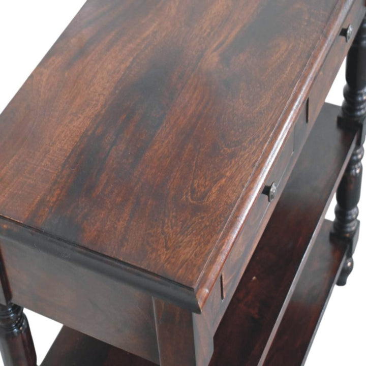 Chocolate Brown Lacquered Cherry Solid Mango Wood Side Table with Turned Legs & 2 Drawers