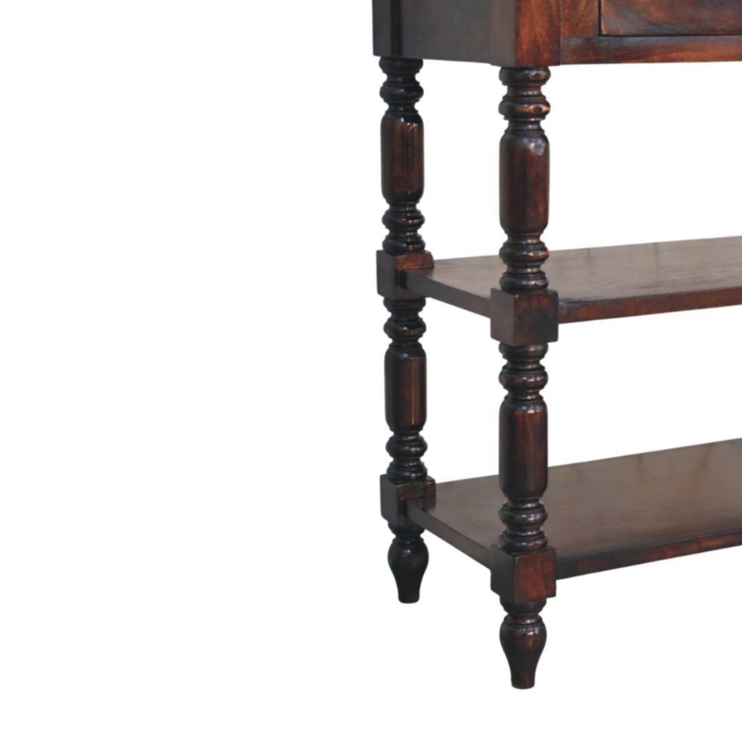 Chocolate Brown Lacquered Cherry Solid Mango Wood Side Table with Turned Legs & 2 Drawers