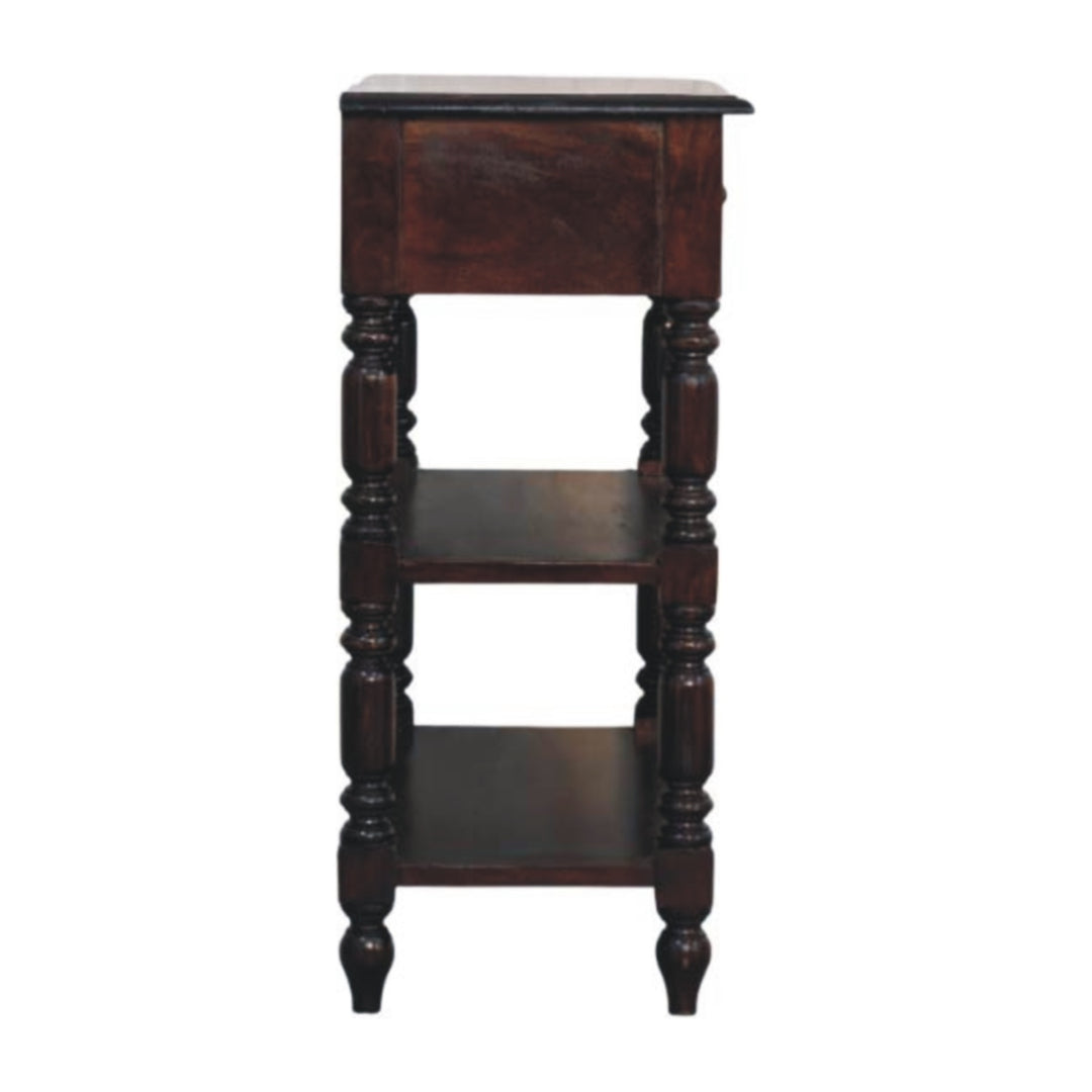 Chocolate Brown Lacquered Cherry Solid Mango Wood Side Table with Turned Legs & 2 Drawers