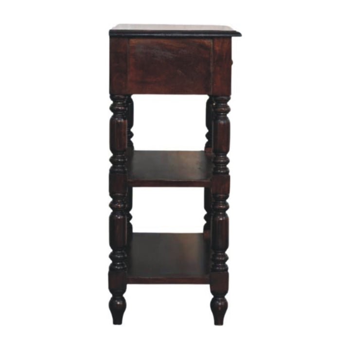 Chocolate Brown Lacquered Cherry Solid Mango Wood Side Table with Turned Legs & 2 Drawers