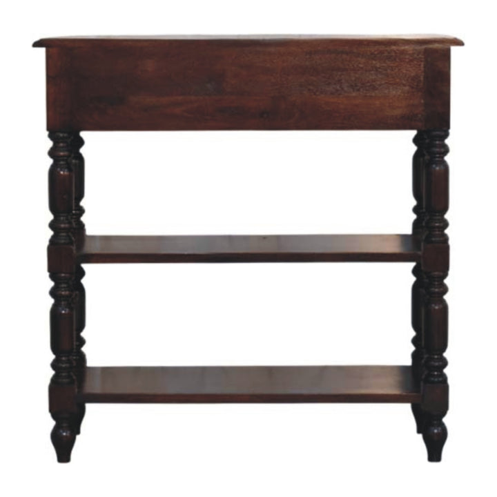 Chocolate Brown Lacquered Cherry Solid Mango Wood Side Table with Turned Legs & 2 Drawers