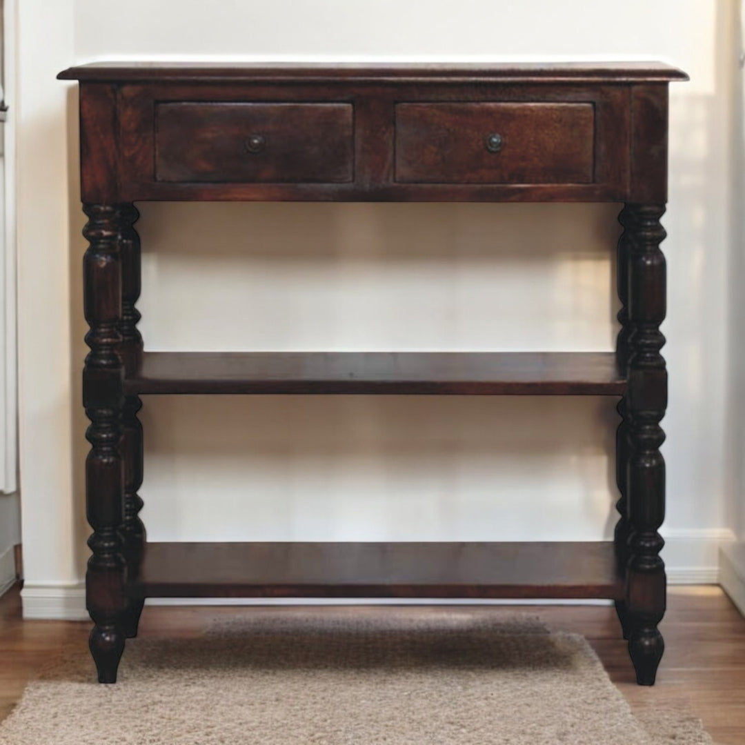 Chocolate Brown Lacquered Cherry Solid Mango Wood Side Table with Turned Legs & 2 Drawers