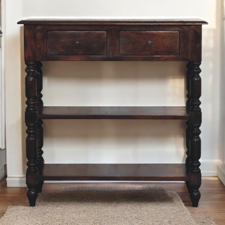 Chocolate Brown Lacquered Cherry Solid Mango Wood Side Table with Turned Legs & 2 Drawers