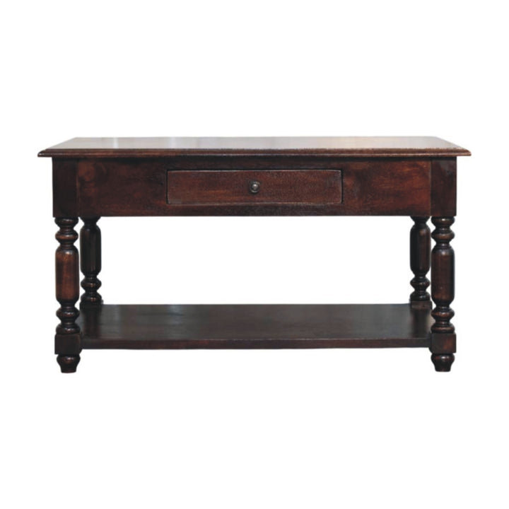 Brown Lacquered Cherry Finish Solid Mango Wood Console with Turned Legs & Lower Display Shelf