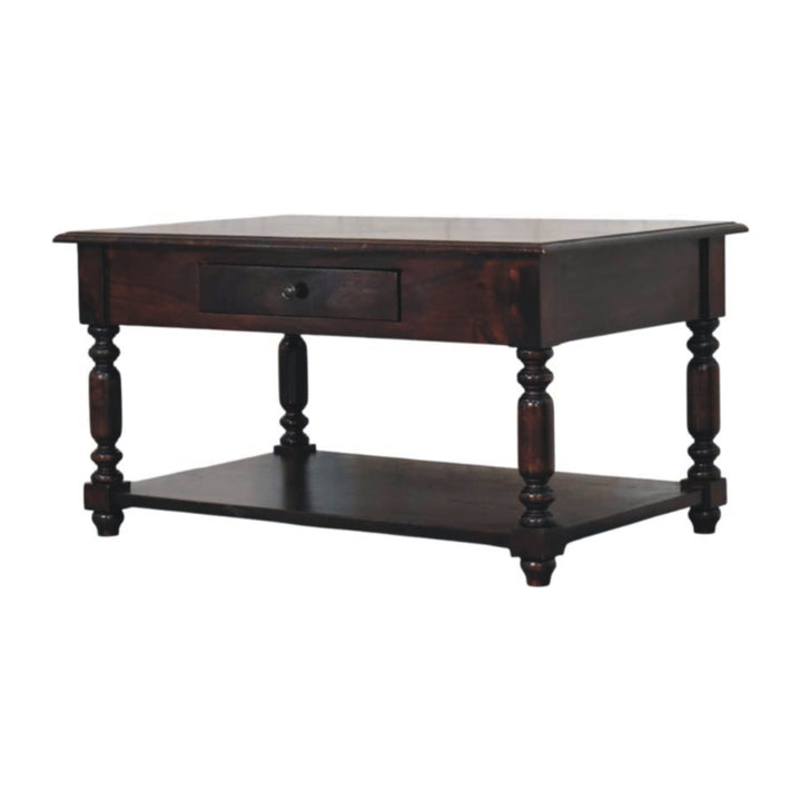 Brown Lacquered Cherry Finish Solid Mango Wood Console with Turned Legs & Lower Display Shelf