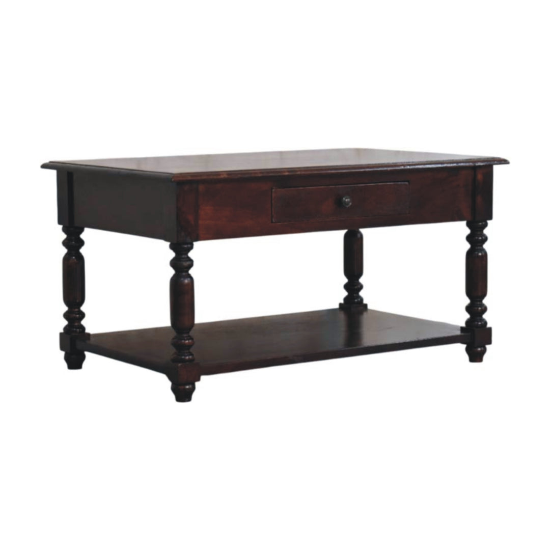 Brown Lacquered Cherry Finish Solid Mango Wood Console with Turned Legs & Lower Display Shelf
