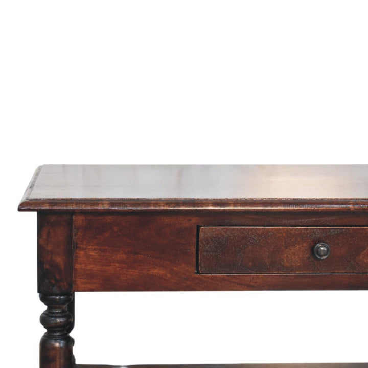 Brown Lacquered Cherry Finish Solid Mango Wood Console with Turned Legs & Lower Display Shelf