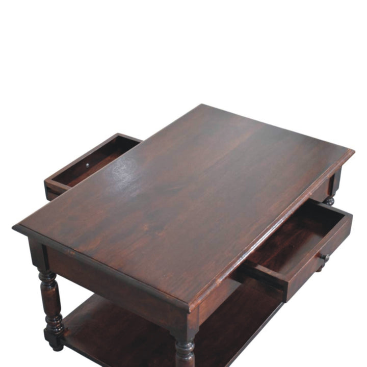 Brown Lacquered Cherry Finish Solid Mango Wood Console with Turned Legs & Lower Display Shelf