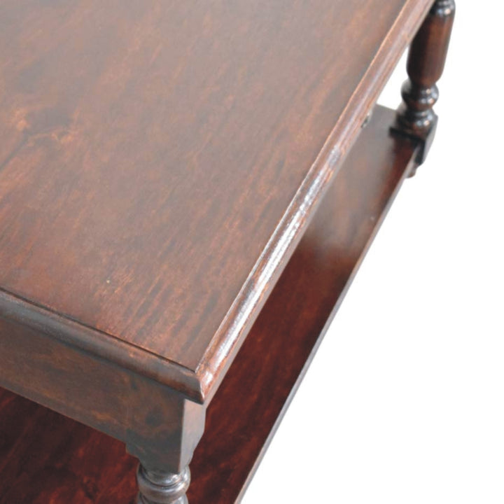 Brown Lacquered Cherry Finish Solid Mango Wood Console with Turned Legs & Lower Display Shelf