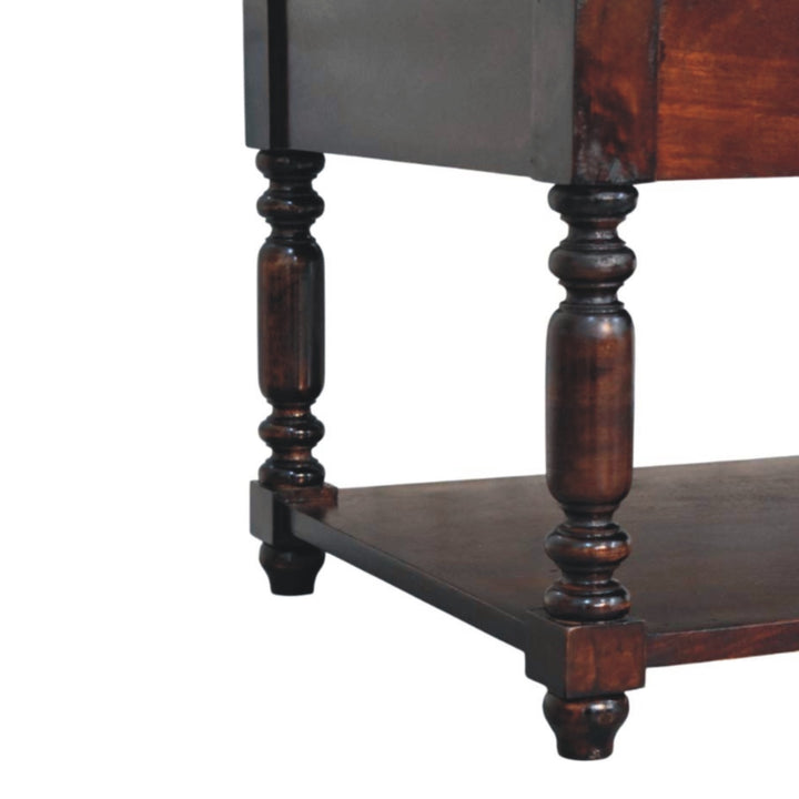 Brown Lacquered Cherry Finish Solid Mango Wood Console with Turned Legs & Lower Display Shelf