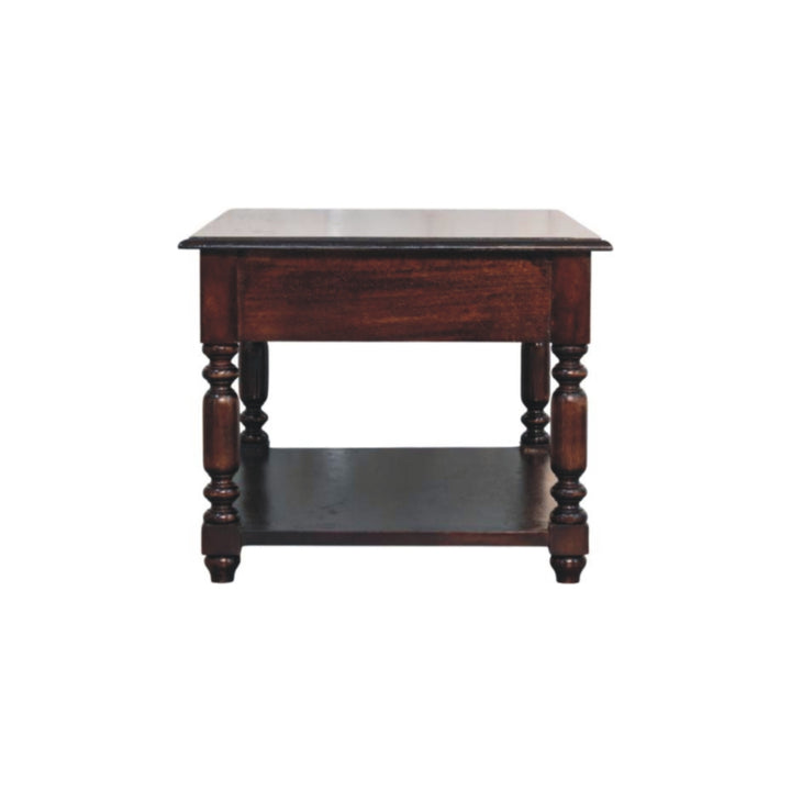 Brown Lacquered Cherry Finish Solid Mango Wood Console with Turned Legs & Lower Display Shelf