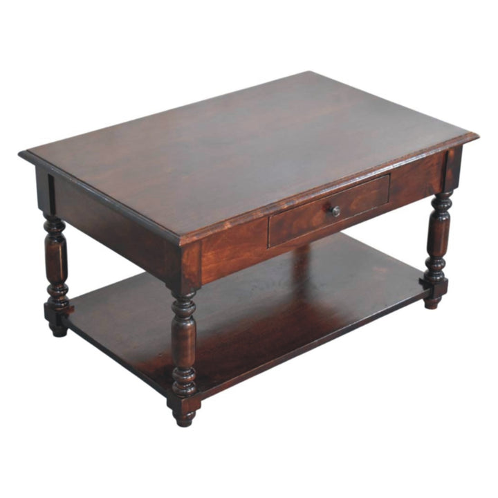 Brown Lacquered Cherry Finish Solid Mango Wood Console with Turned Legs & Lower Display Shelf