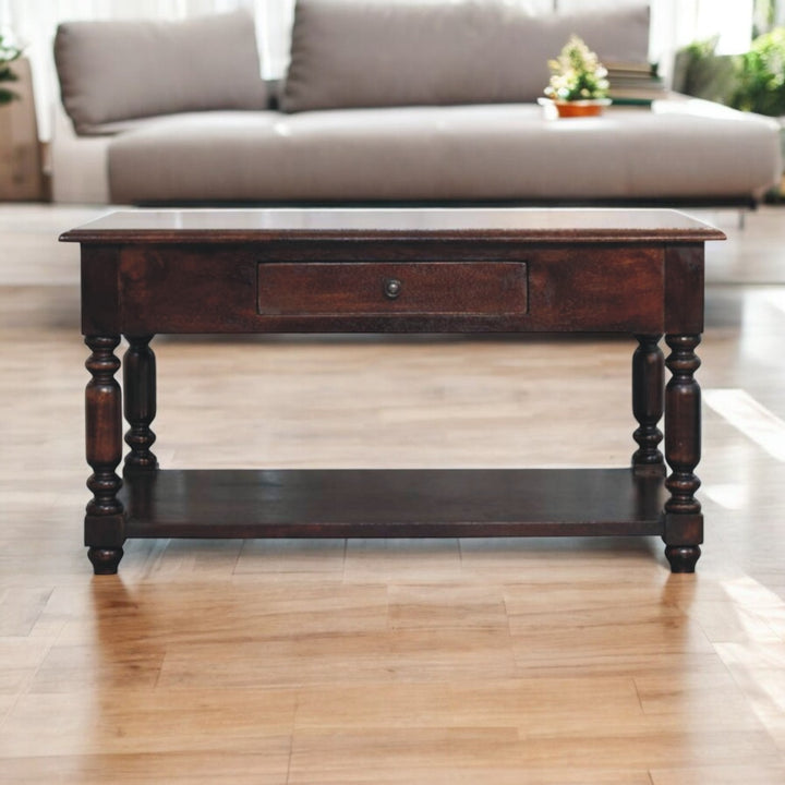 Brown Lacquered Cherry Finish Solid Mango Wood Console with Turned Legs & Lower Display Shelf