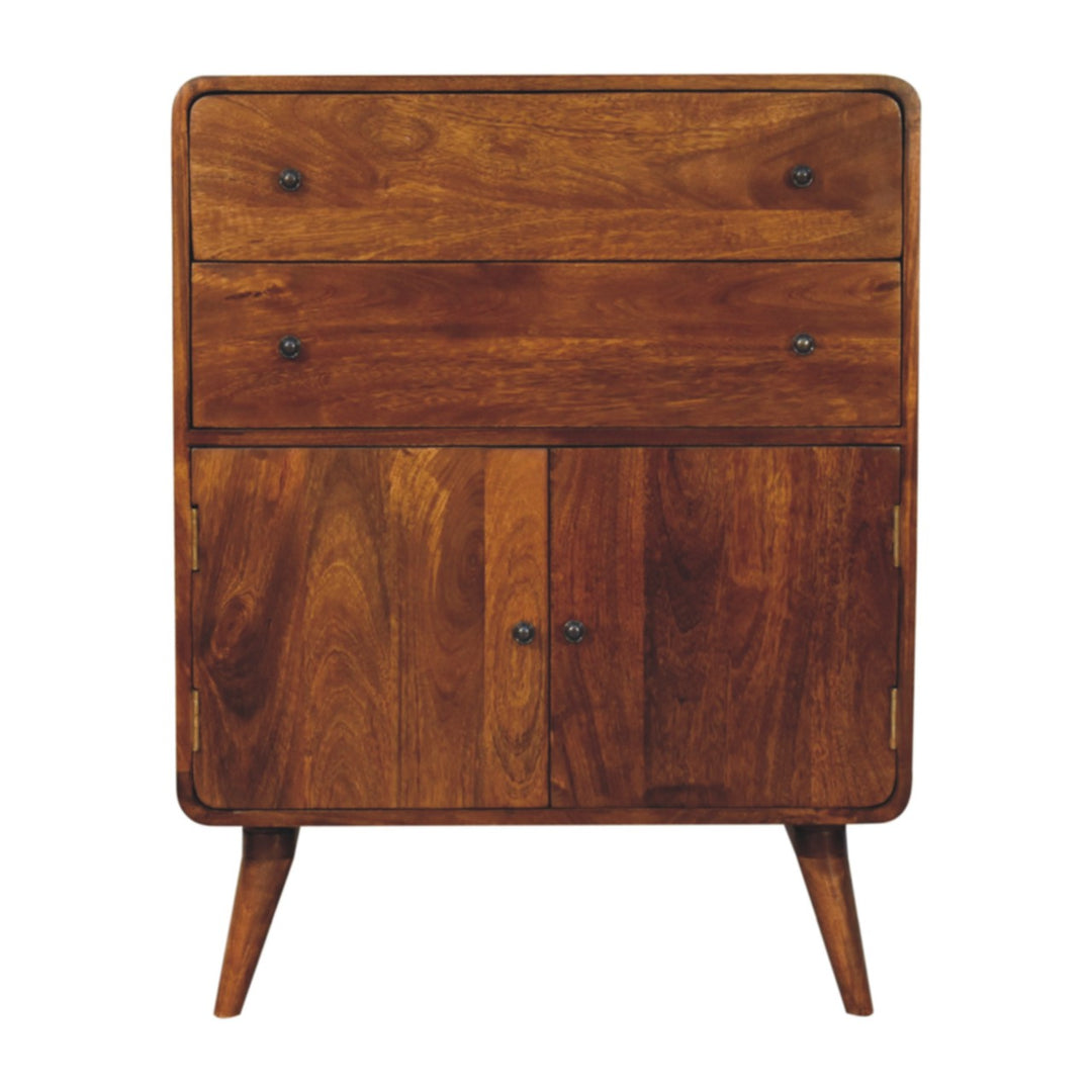 Brown Lacquered Chestnut Solid Mango Wood Nordic Wardrobe with Rounded Corners & Spacious Drawers