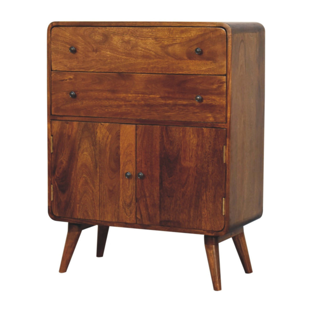 Brown Lacquered Chestnut Solid Mango Wood Nordic Wardrobe with Rounded Corners & Spacious Drawers