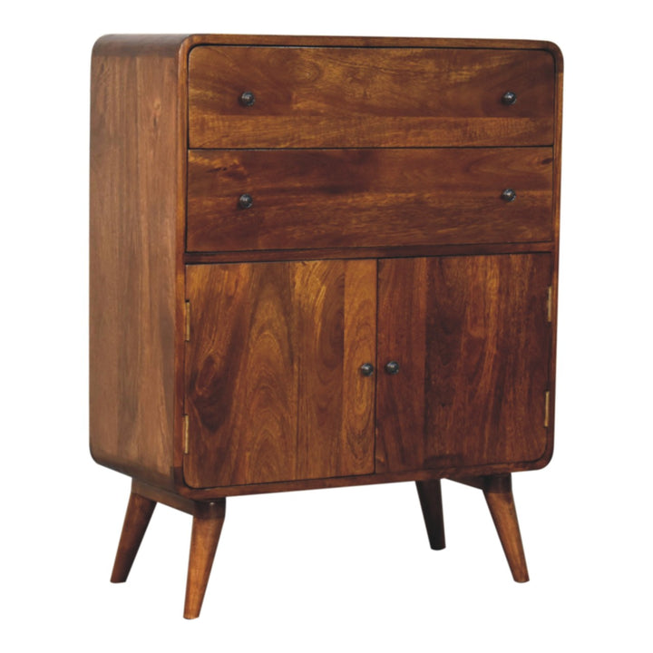 Brown Lacquered Chestnut Solid Mango Wood Nordic Wardrobe with Rounded Corners & Spacious Drawers