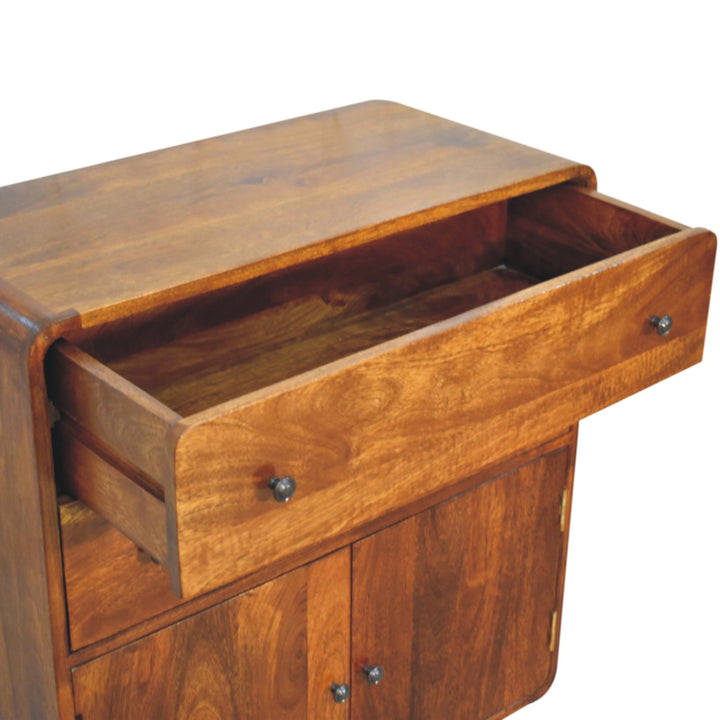 Brown Lacquered Chestnut Solid Mango Wood Nordic Wardrobe with Rounded Corners & Spacious Drawers