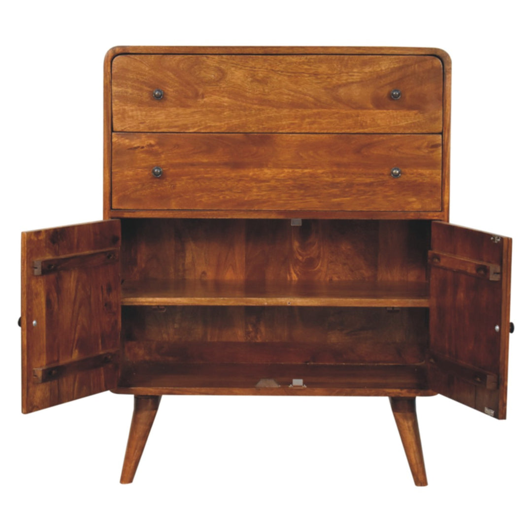Brown Lacquered Chestnut Solid Mango Wood Nordic Wardrobe with Rounded Corners & Spacious Drawers