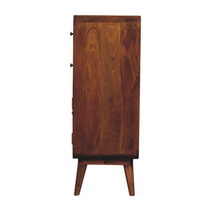 Brown Lacquered Chestnut Solid Mango Wood Nordic Wardrobe with Rounded Corners & Spacious Drawers