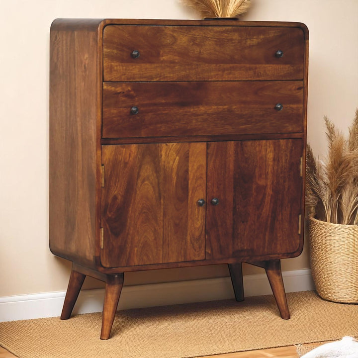Brown Lacquered Chestnut Solid Mango Wood Nordic Wardrobe with Rounded Corners & Spacious Drawers