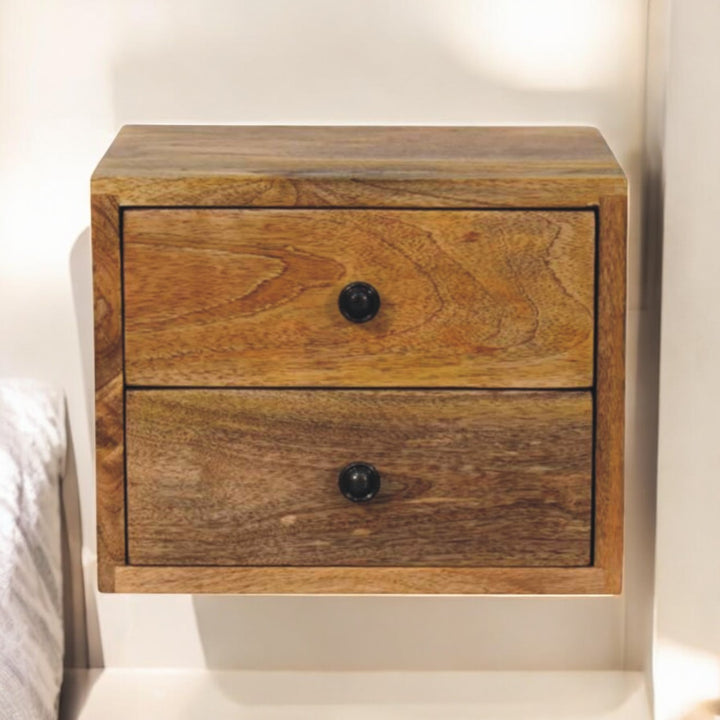 Beige Oak Veneer Solid Mango Wood Solis Wall-Mounted Bedside with 2 Drawers & Oak Finish