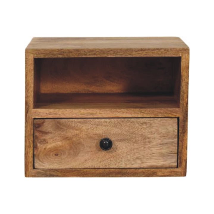 Beige Lacquered Solid Mango Wood Solis Wall-Mounted Bedside with 1 Drawer & Open Shelf
