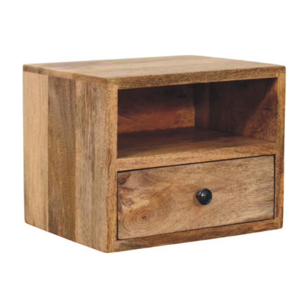 Beige Lacquered Solid Mango Wood Solis Wall-Mounted Bedside with 1 Drawer & Open Shelf