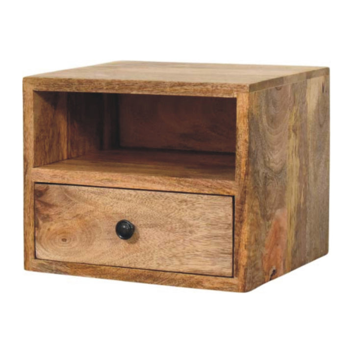 Beige Lacquered Solid Mango Wood Solis Wall-Mounted Bedside with 1 Drawer & Open Shelf
