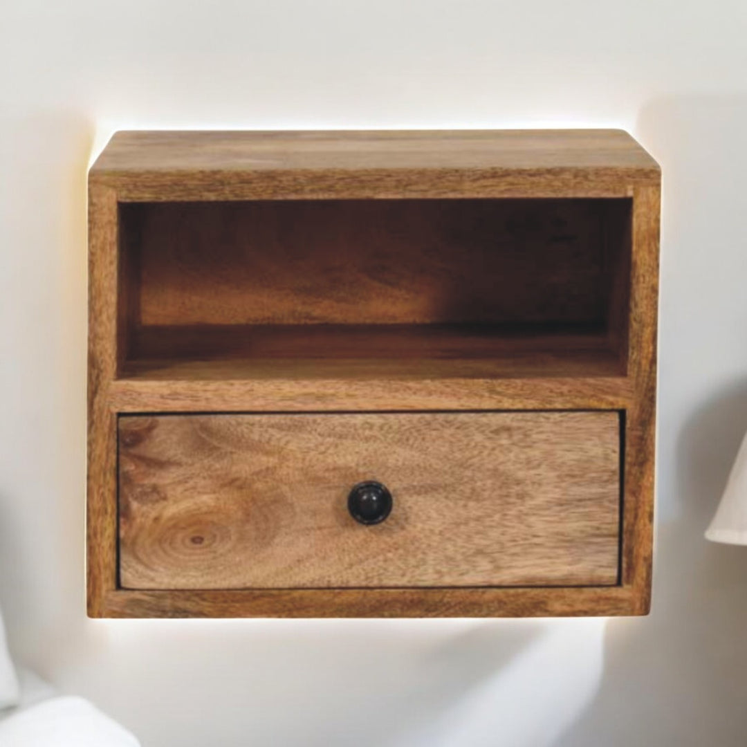 Beige Lacquered Solid Mango Wood Solis Wall-Mounted Bedside with 1 Drawer & Open Shelf