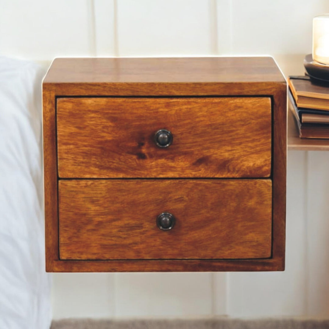 Brown Lacquered Oak-Finish Solid Mango Wood Small Wall-Mounted Floating Bedside Table