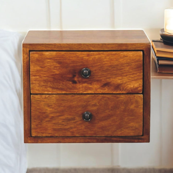 Brown Lacquered Oak-Finish Solid Mango Wood Small Wall-Mounted Floating Bedside Table