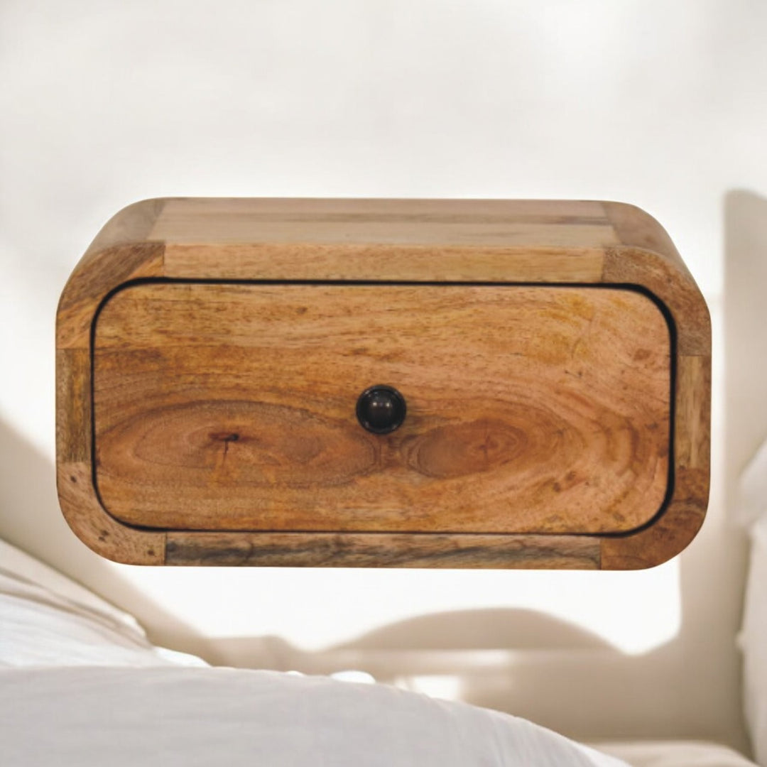 Solid Mango Wood Avora Mini Wall-Mounted Bedside Table with 1 Drawer & Minimalist Knob | Light Oak Finish | 30 x 25 x 15 cm