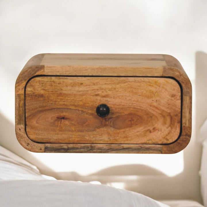 Solid Mango Wood Avora Mini Wall-Mounted Bedside Table with 1 Drawer & Minimalist Knob | Light Oak Finish | 30 x 25 x 15 cm