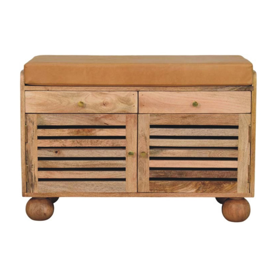 Brown Oak Veneer Solid Mango Wood Shutter Shoe Cabinet with 2 Drawers, 4 Shelves & Leather Seat