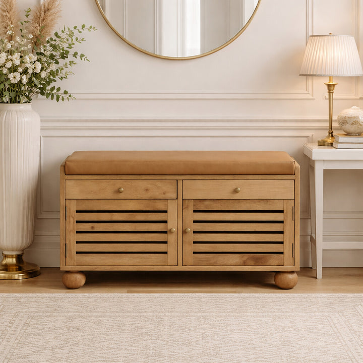 Brown Oak Veneer Solid Mango Wood Shutter Shoe Cabinet with 2 Drawers, 4 Shelves & Leather Seat