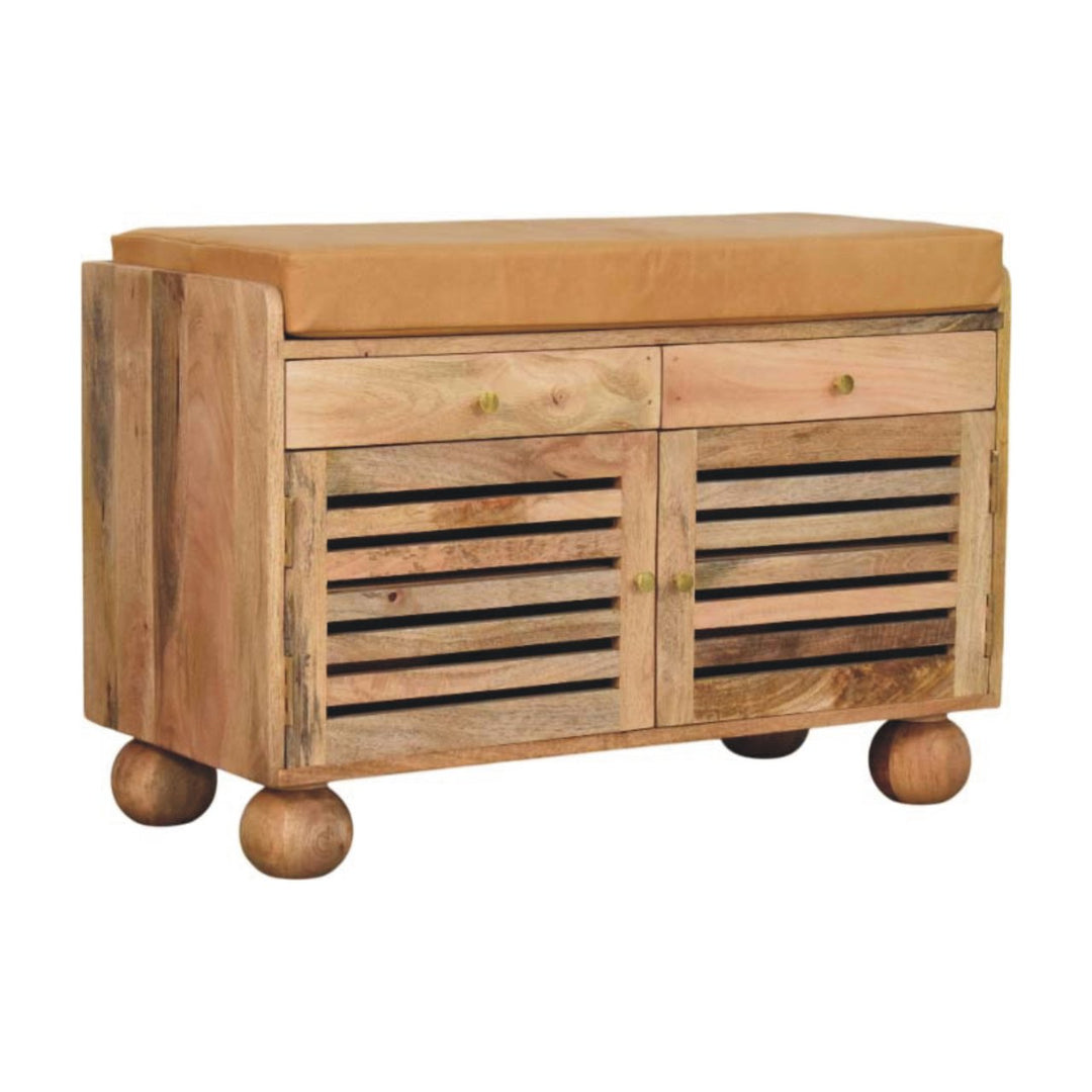 Brown Oak Veneer Solid Mango Wood Shutter Shoe Cabinet with 2 Drawers, 4 Shelves & Leather Seat
