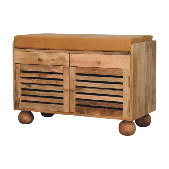 Brown Oak Veneer Solid Mango Wood Shutter Shoe Cabinet with 2 Drawers, 4 Shelves & Leather Seat