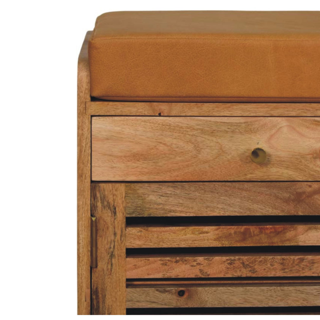 Brown Oak Veneer Solid Mango Wood Shutter Shoe Cabinet with 2 Drawers, 4 Shelves & Leather Seat
