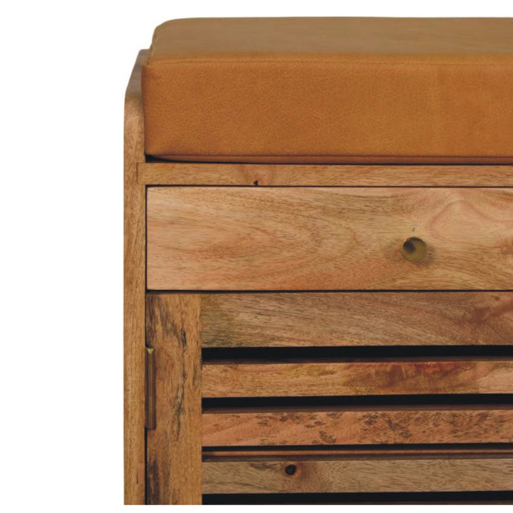 Brown Oak Veneer Solid Mango Wood Shutter Shoe Cabinet with 2 Drawers, 4 Shelves & Leather Seat