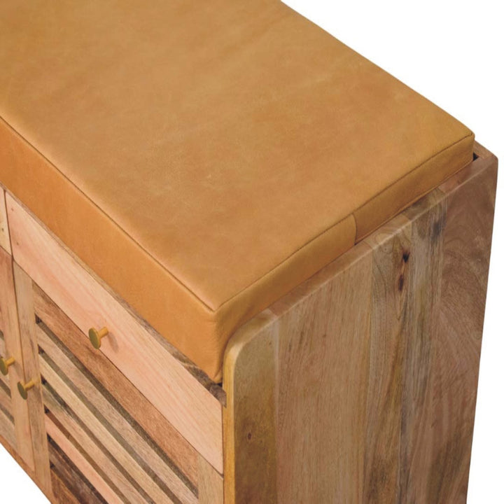 Brown Oak Veneer Solid Mango Wood Shutter Shoe Cabinet with 2 Drawers, 4 Shelves & Leather Seat