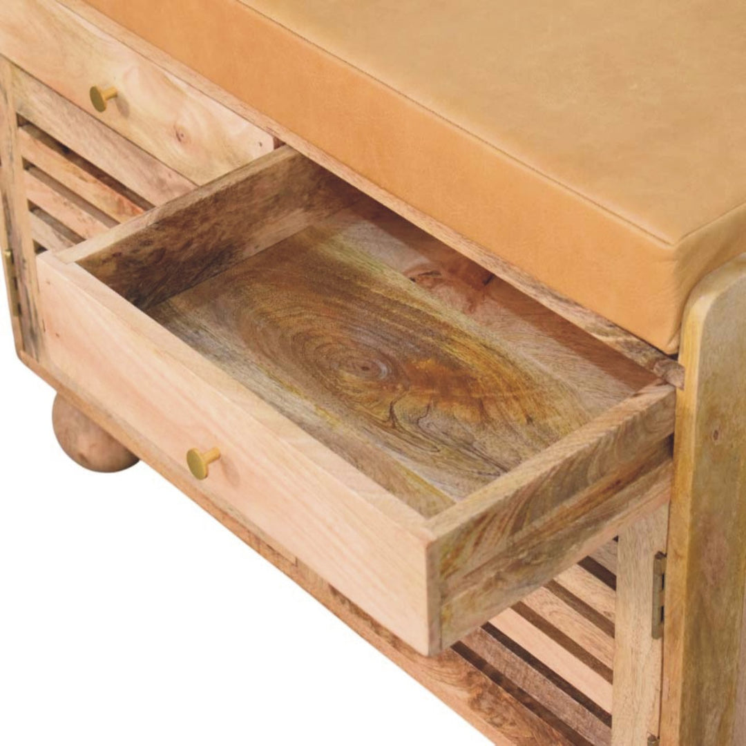 Brown Oak Veneer Solid Mango Wood Shutter Shoe Cabinet with 2 Drawers, 4 Shelves & Leather Seat