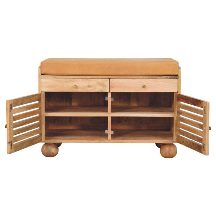 Brown Oak Veneer Solid Mango Wood Shutter Shoe Cabinet with 2 Drawers, 4 Shelves & Leather Seat